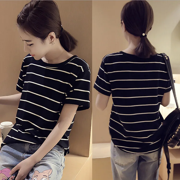 Женские топы черно белые женские полосатые футболки с круглым вырезом