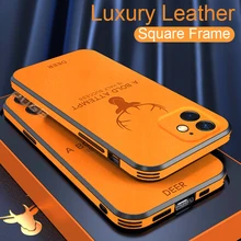 Luxury Leather Texture Square Frame Case For iPhone 13 12 11 Pro Max Mini X Xr Xs Camera Protection Deer Shockproof Phone Cover