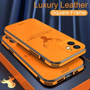 luxury leather texture square frame case for iphone 13 12 11 pro max mini x xr xs camera protection deer shockproof phone cover free global shipping