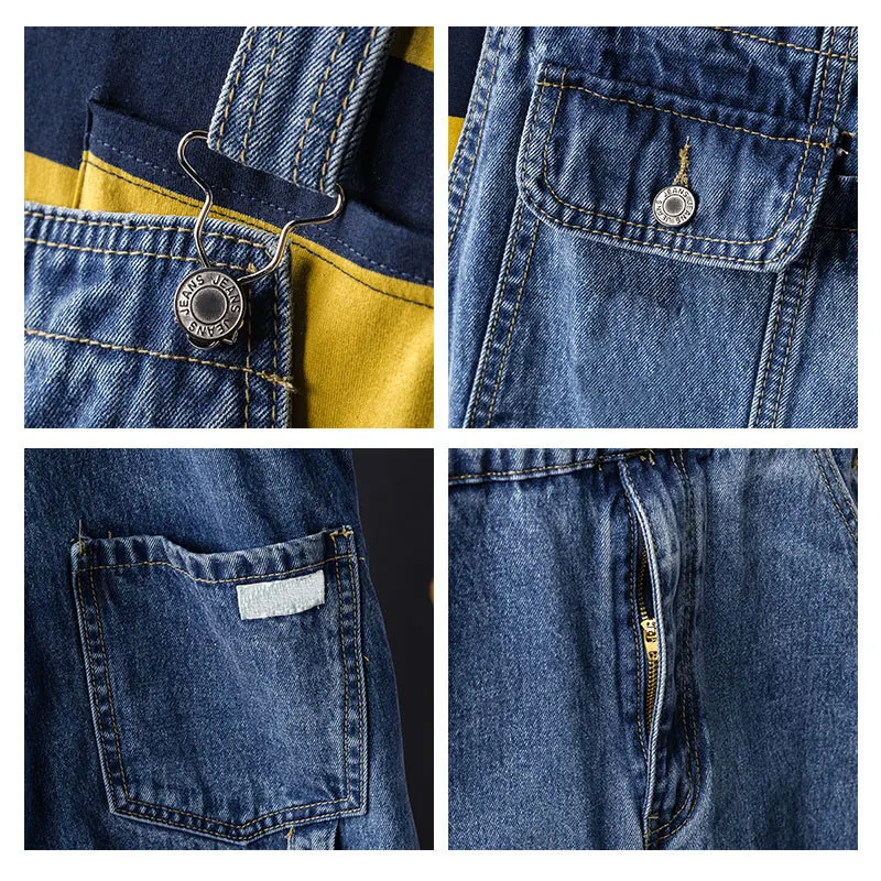 Man Jeans Bib Overalls Loose Straight Plus Size Streetwear Hip Hop Denim Jumpsuits Trousers Blue Leisure Wide Leg Cargo Pants