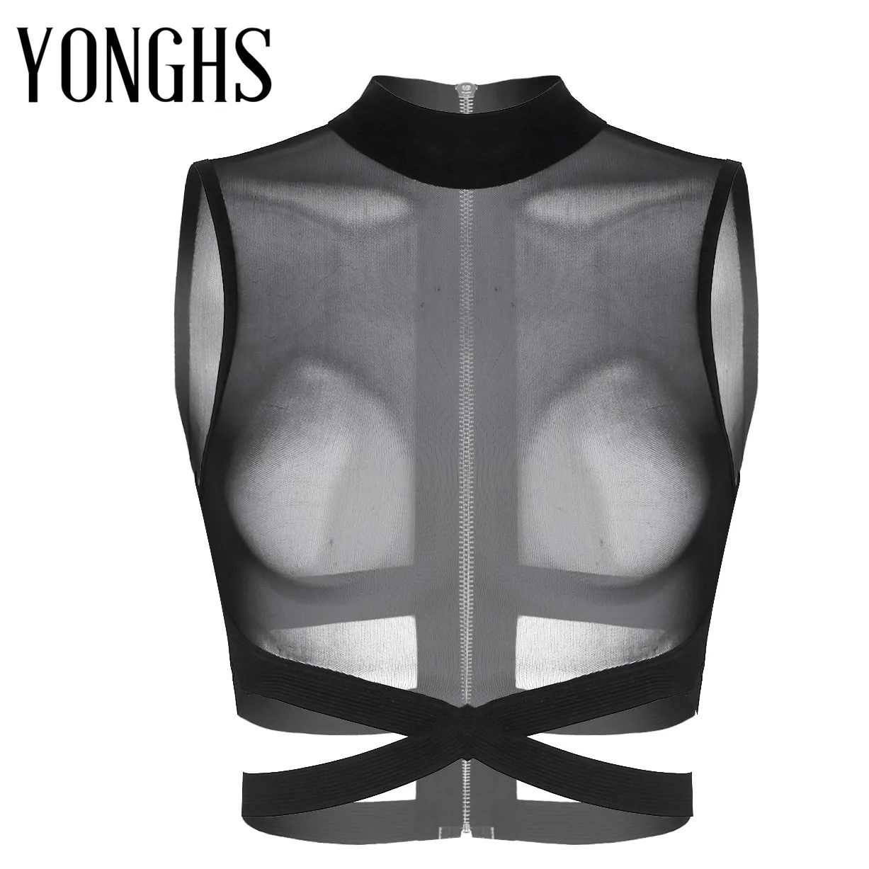 

Women Pole Dance Rave Top Round Neck Sheer Mesh Music Festival Clothing Zipper Back Elastic Strappy Criss Cross Crop Top Shirts