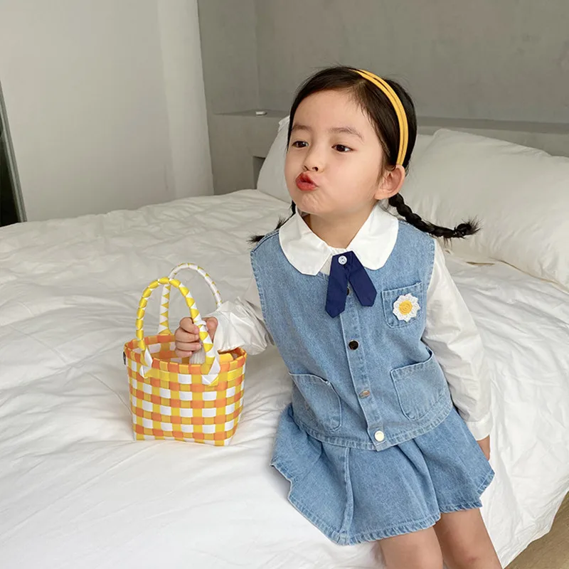 

DFXD 2-8T Children's Set 2020 Spring Autumn Girls Clothing Sets Fashion Loose Thin Denim Waistcoat Pleated Skirt 2pc Girl Outfit