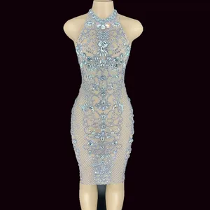 Сетчатое Прозрачное платье со стразами и серебряным стеклом, платье с лямкой на шее для празднования дня рождения, одежда для бара и выпускного вечера, женское танцевальное платье YOUDU