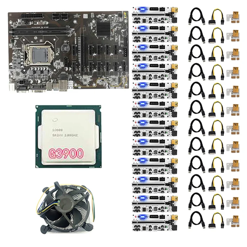 

B250 BTC Mining Motherboard With 12XVER010-X PCIE Riser Card+CPU+Cooling Fan 12 GPU LGA1151 DDR4 DIMM For Bitcoin