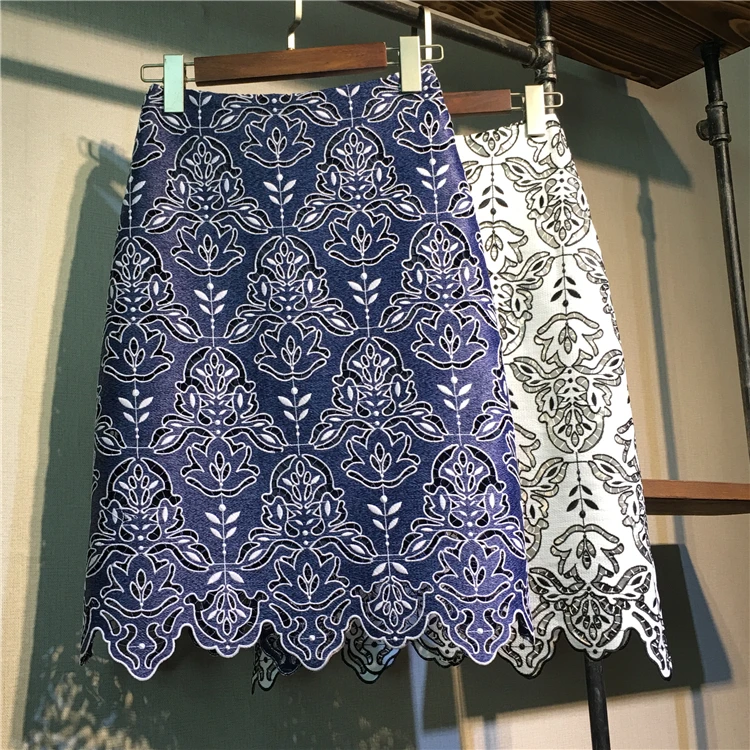 Cakucool New Vintage Blue Florals Hollow Out Lace Midi SKirt Asymmetric Designer France Empire A line Design Slim Skirts White
