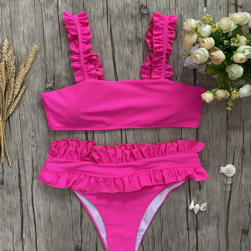 Сексуальный купальник женское бикини с высокой талией однотонный неоновый ярко