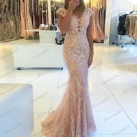 Light Pink Elegant V-Neckline Cap Sleeve Lace Tulle Mermaid Prom Dresses Floor Length Vestido De Fiesta Long Evening