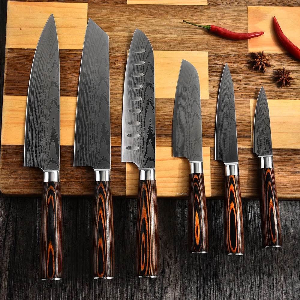 Дамаск Нержавеющая Сталь Лазерный цвет зерна деревянной ручкой нож