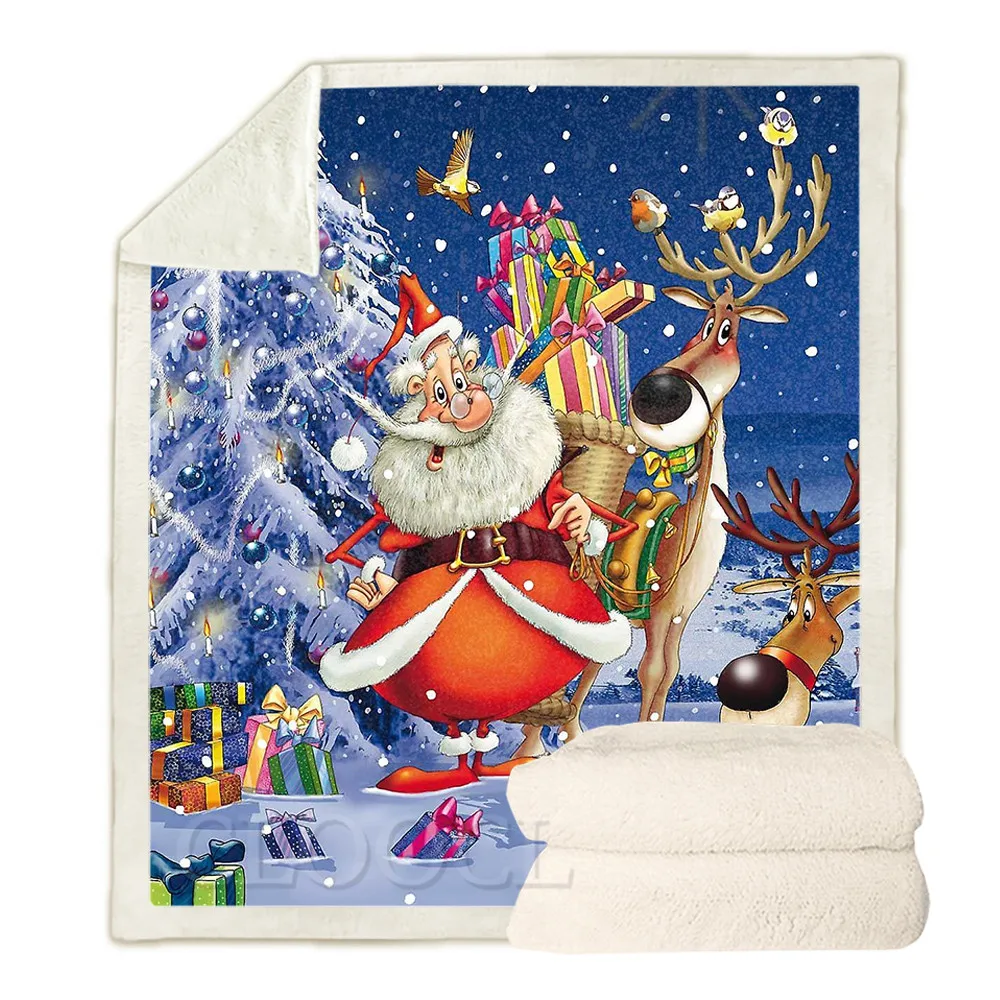 

CLOOCL Christmas Blankets Cartoon Santa Elk Gift Paradise Print Merry Christmas Blanket Keep Warm Double Layer Plush Quilts