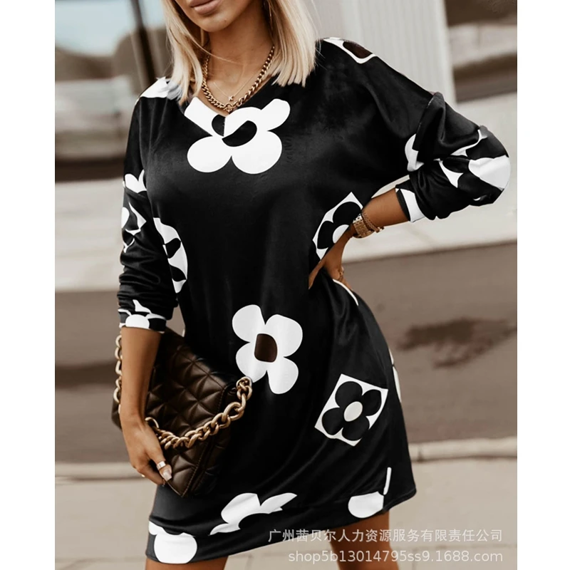 

WEPBEL Dress Women's Casual Floral Print Loose Dress Autumn Fashion Long Sleeve V-neck Off-Shoulder Pullover Dress