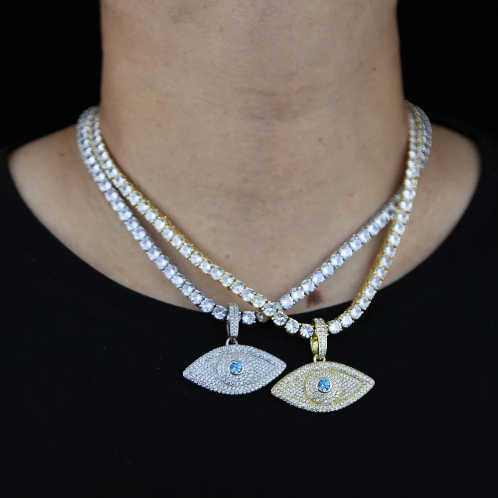 

New hip hop necklace with blue white cz paved eye pendant with cz tennis chain plated gold silver color For Men Punk Jewelry
