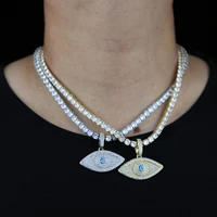 new hip hop necklace with blue white cz paved eye pendant with cz tennis chain plated gold silver color for men punk jewelry