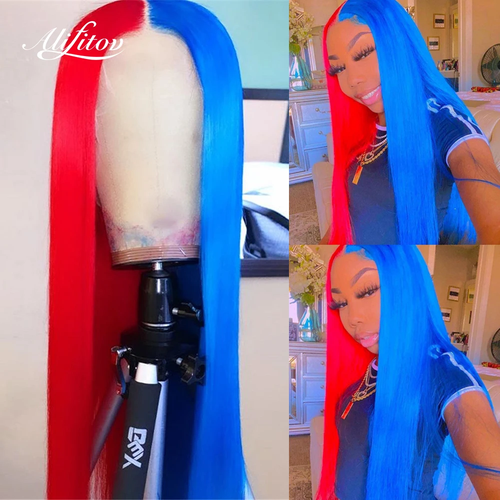 

ALIFITOV полурозовые полуфиолетовые цветные парики на сетке спереди, прямые человеческие волосы, парики с естественной линией волос, предварит...