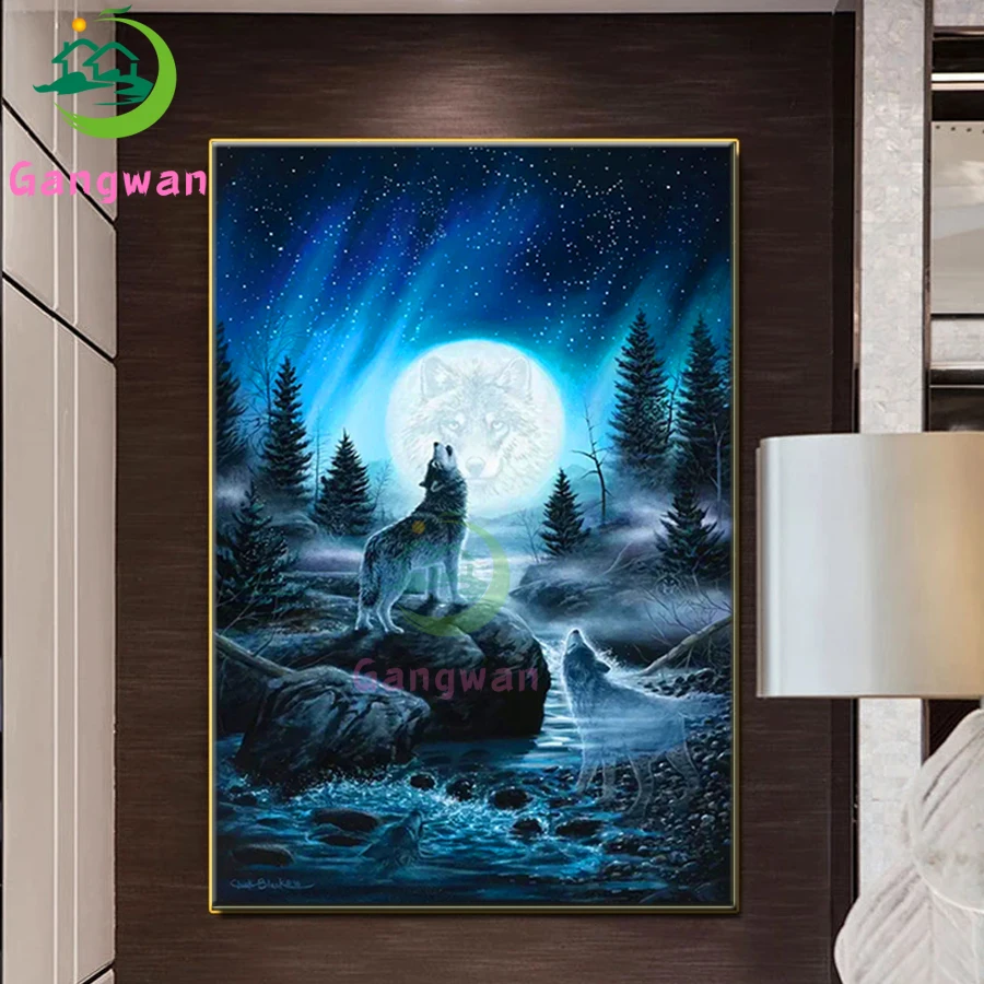 

Картина из алмазов с изображением ростоватого леса волка, полностью квадратная/круглая картина из мультфильмов 5D с Луной, алмазная вышивка крестиком, мозаика, настенное искусство