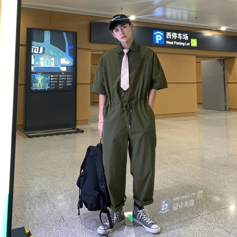 

Mens Tracksuits 2021 Summer Retro Tooling Tide Casual Loose One-piece Drawstring Short-sleeved Nine-point Jumpsuit Mens Clothing