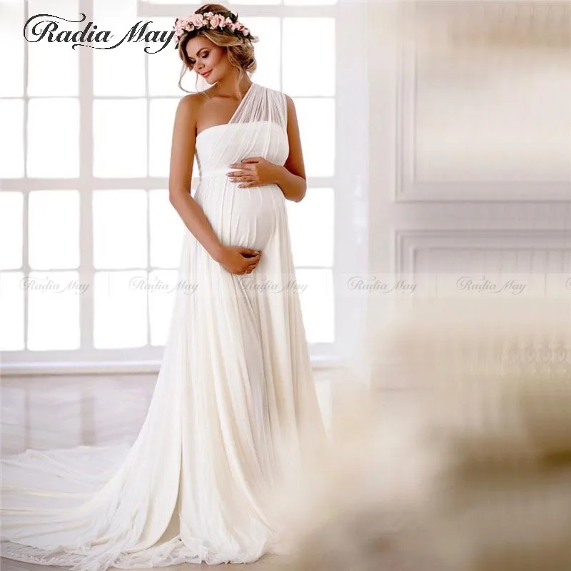 Элегантное белое шифоновое платье с одним плечом для беременных свадебное