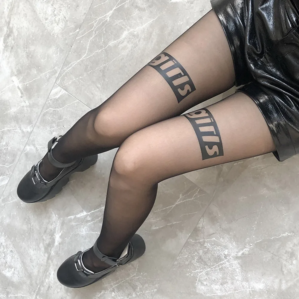 PUIMENTIUA Black Letter Tattoo Tights Women Nylon Transparent Sexy Stockings Sheer Footed Character Pantyhose Dance Club | Женская