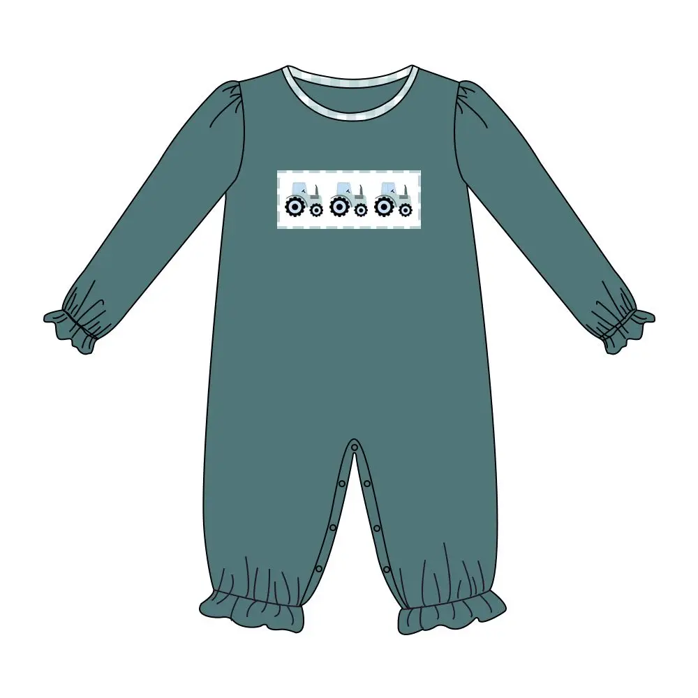 Ropa de oto&ntilde;o para ni&ntilde;os, Top de manga larga azul y pantalones a cuadros blancos, tres patrones de bordado de Tractor-3