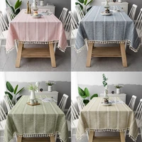 geometry stripe cotton linen embroidery tablecloth with tassel dustproof pink fabric table cloth hotel home decor table cover