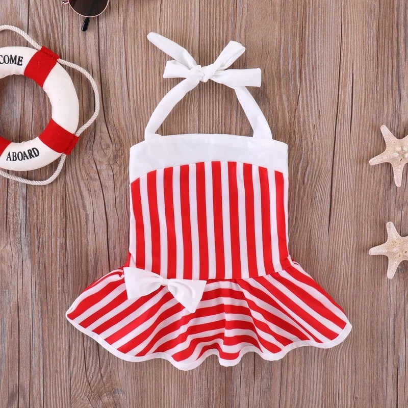 

Kids Baby Girl Rompers Red And White Striped Ruffled Bow One-Piece Sling Swimsuit Summer Toddler Girls Outfit Bodysuits Clothing