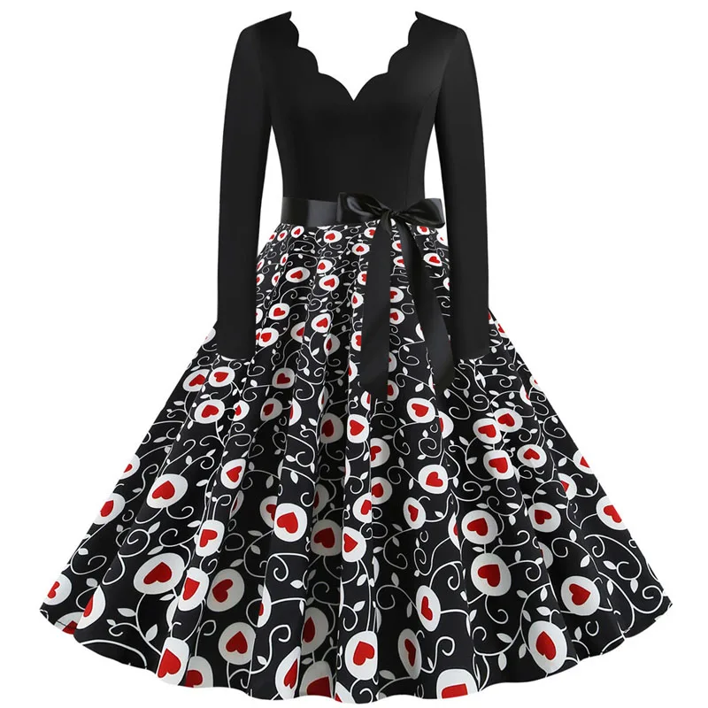 3XL винтажное платье рокабилли 2020 осеннее модное с v-образным вырезом и длинным
