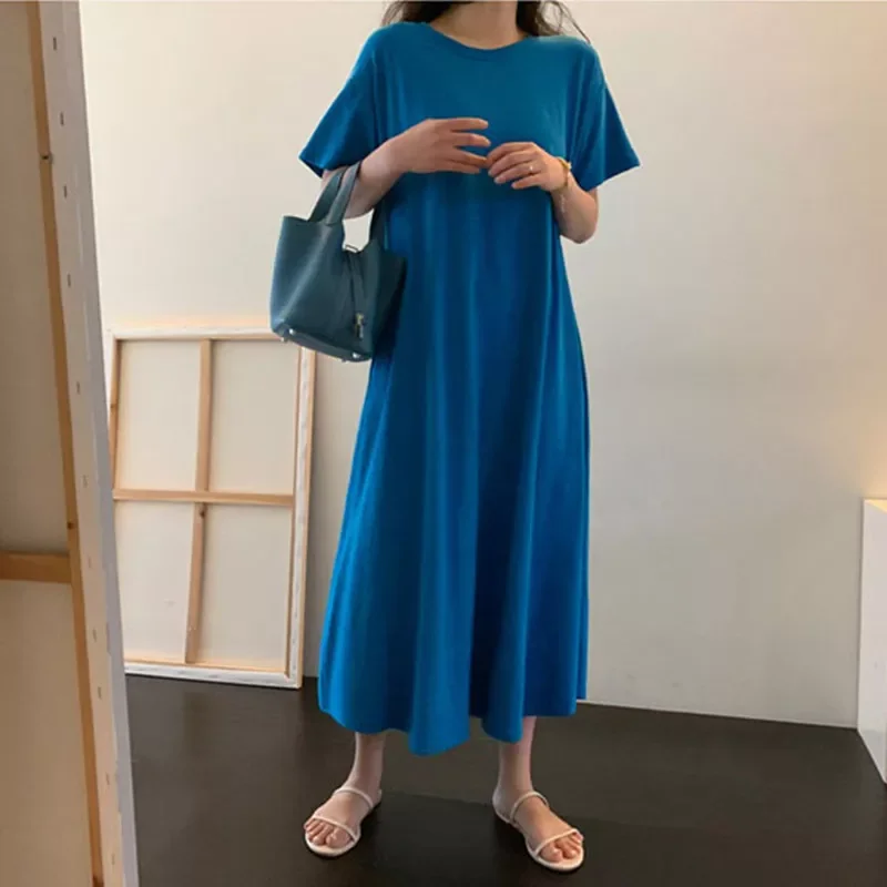 

2021 New Solid Color Causal Simple Women T Dresses Summer All Match O-neck Short Sleeve Pockets A-Line Dress