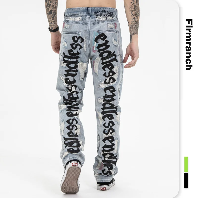 

New Back Letter Embroidery Jeans For Men 2021 Ins Street Broken Hole Jeans Homme Loose Endless Denim Pants Moto Trouse