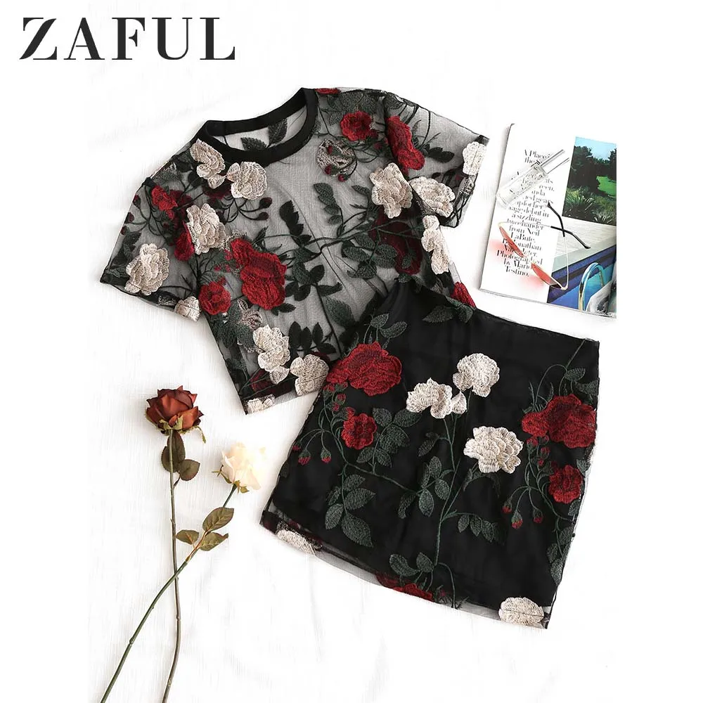 ZAFUL Цветочные Вышитые Сетки Блузка Юбка-Карандаш Набор Сексуальное 2 Шт. Женщины Набор Уличной Цветочный Лето Пляж Высокие Талии Юбки