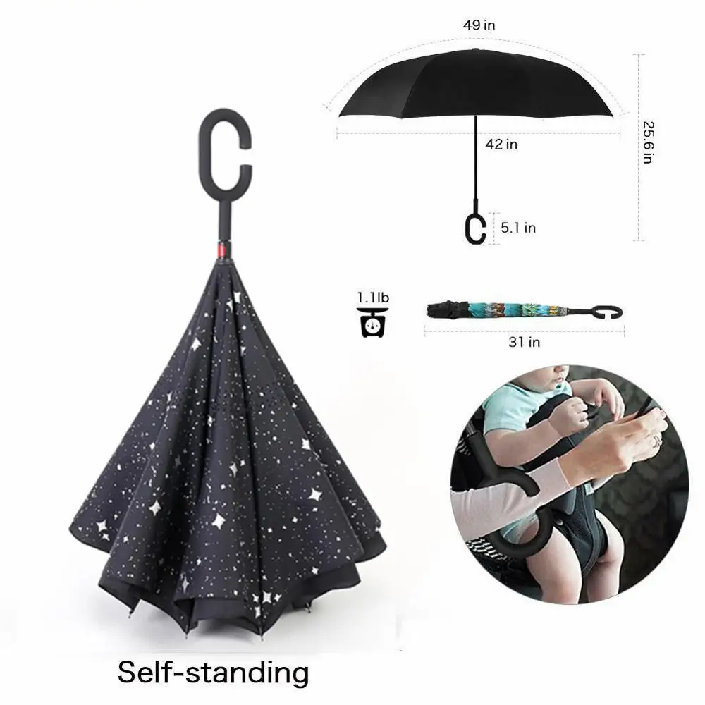 

C Handle Windproof Reverse Folding Umbrella Man Women Sun Rain Car Inverted Umbrellas Double Layer Anti UV Self Stand Parapluie