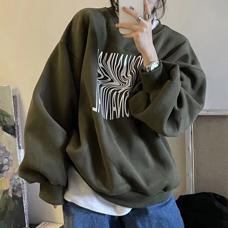 

2021 New Korean Fashion Retro Wild O Neck Abstract Letter Print Design Sense Loose Lantern Sleeves Plus Velvet Hoodie Sweatshirt