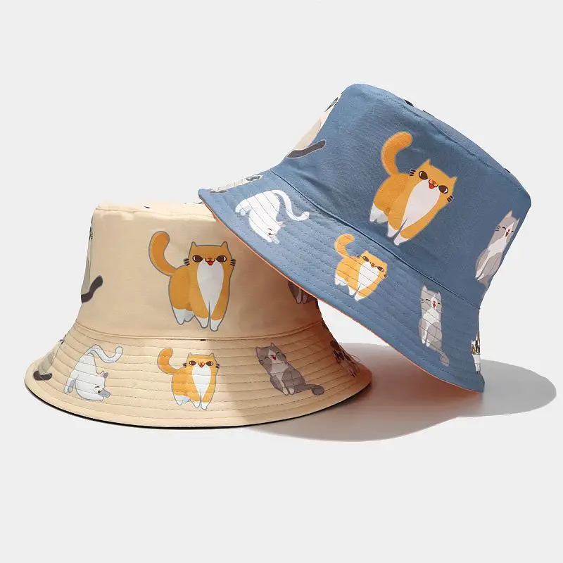 

2021 four seasons cotton Cartoon cat print Bucket Hat Fisherman Hat outdoor travel hat Sun Cap Hats for Men and Women 352