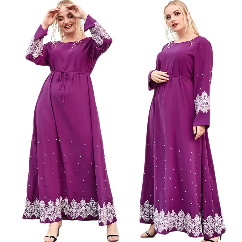 

Plus Size Muslim Women Beads Long Dress Abaya Embroidery Long Sleeve Maxi Robe Gown O-neck Ramadan Islamic Eid Turkish Fashion