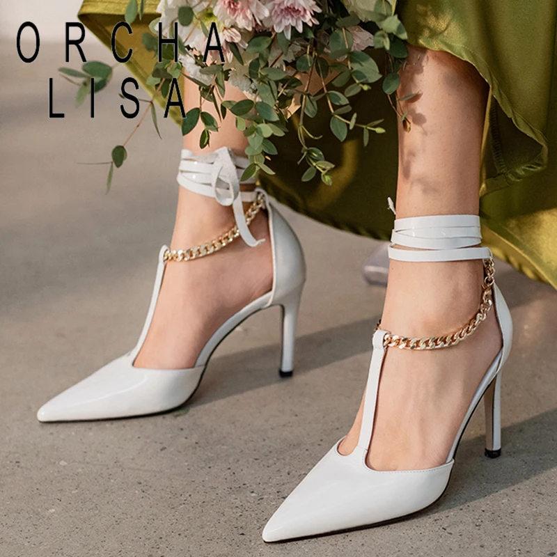 

ORCHA LISA New 2021 Women Pumps Pointed Toe 9cm High Thin Heels Genuine Leather Lace-Up Chains Sexy Designer Big Size 41 B2412