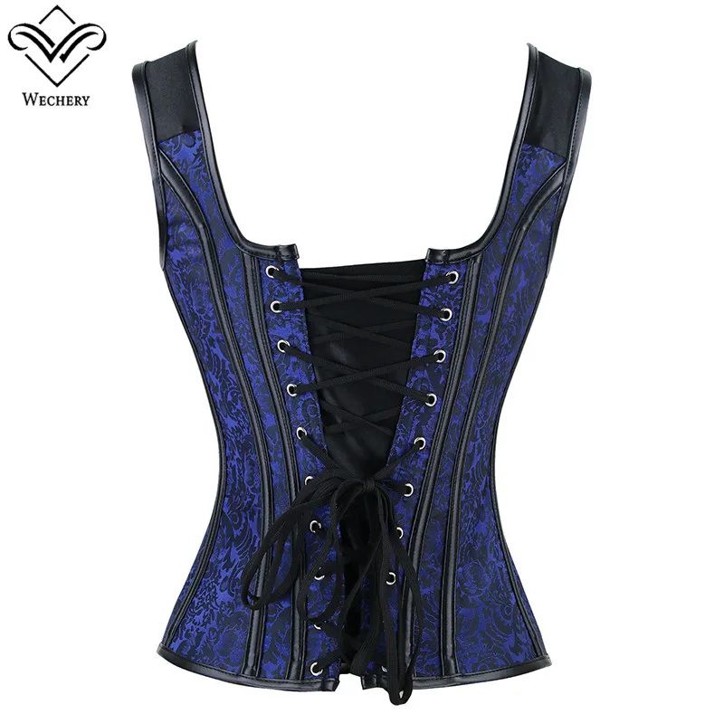 Wechery Overbust Blue Corset Top Women Bustier Party Clothing V Neck Bodice Steampunk Corselet Black Gothic Costumes Plus Size