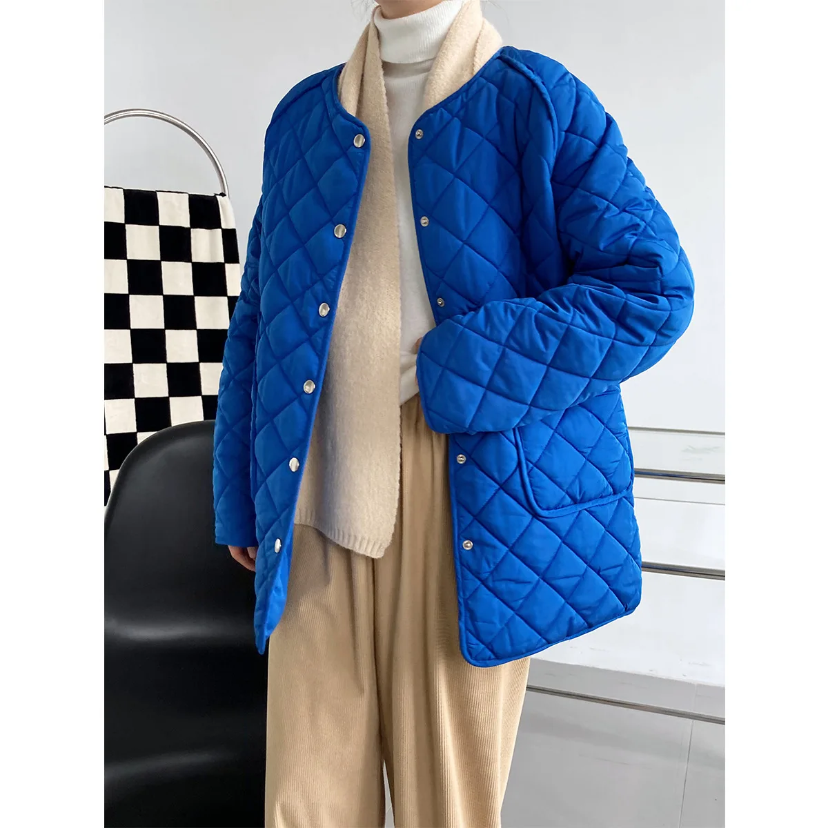 Autumn and Winter New Diamond Plaid Cotton-Padded Clothes for Women Loose Fashionable Cotton Coat Coats and Jackets Women