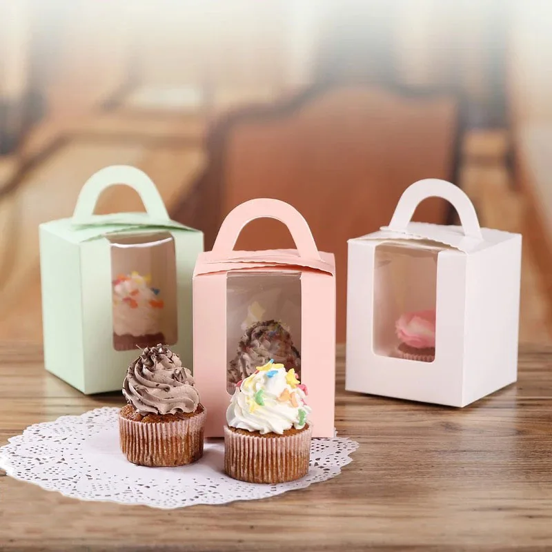 

50pcs/lot Window Cake Box Muffin Single Cupcake Box Party Wedding Favor Boxes Paper Gift Boxes with Handle Display Packaging
