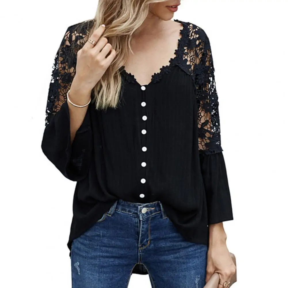 

Women Blouse Solid Color Lace Pullover Flare Sleeve V Neck Top See Through Back Large Hem Shirt for Daily Wear Women Blouse