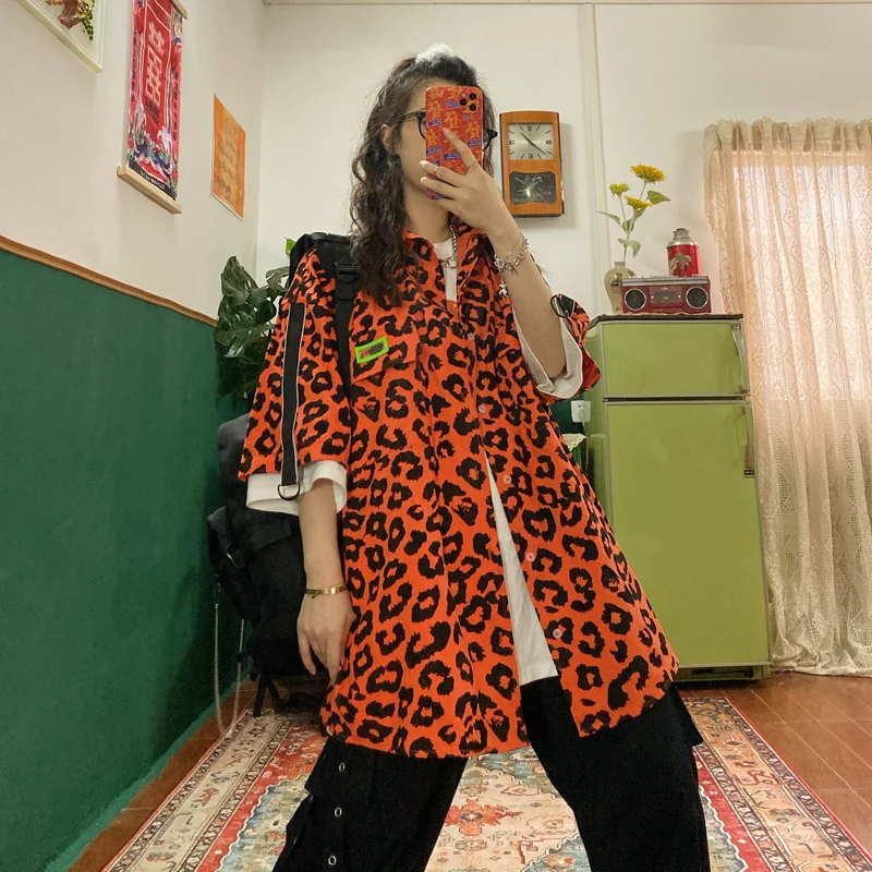Уличная Хип-Хоп Ретро Гонконгская леопардовая Свободная рубашка с большими