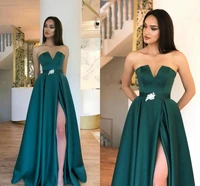 hunter green elegant a line satin prom dresses long with sash high side split vestidos cheap formal evening wear party gowns