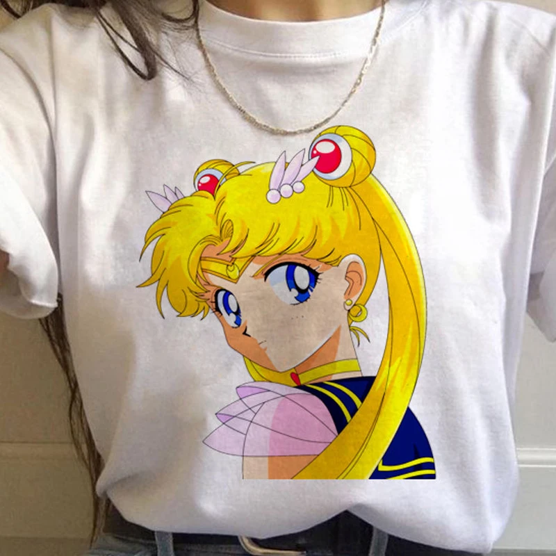 

90s Tshirt Fashion Graphic Top Tee Female Sailor Moon Harajuku Kawaii Anime T Shirt Women Ullzang Funny Cartoon T-shirt Cute Cat
