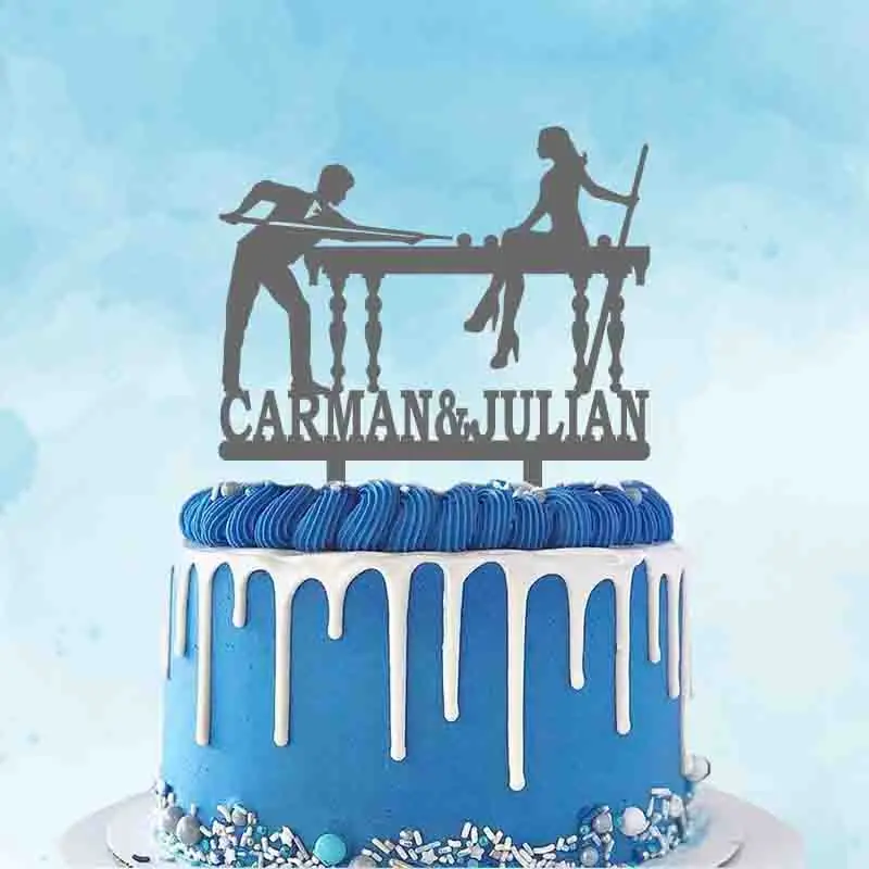 

Personalized Billiard Player Wedding Cake Topper Custom Couple Name Bride and Groom Playing Billiards Silhouette Cake Topper