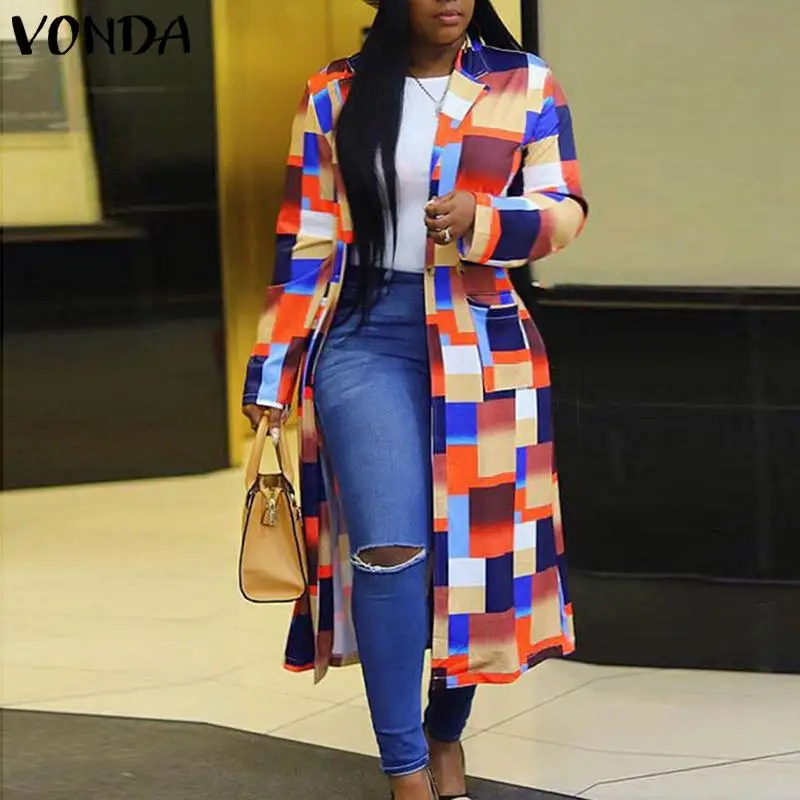 

VONDA Autumn Women Blazer Long Sleeve Turn Down Collar Suit 2021 Ladies Vintage Printed Long Coat Outerwear Kaftan Overcoats