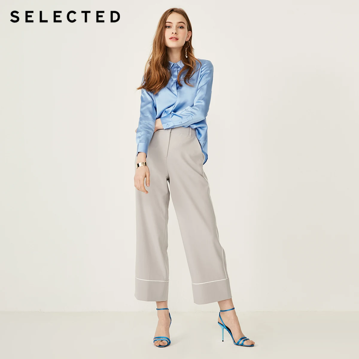 Женская рубашка с длинными рукавами из шелка тутового цвета синего S | 419205512