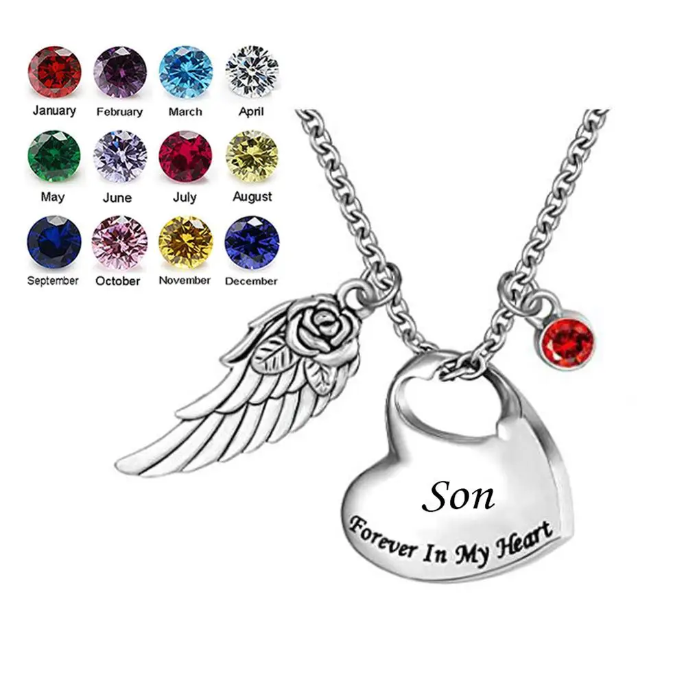 Stainless Steel Heart Cremation Urn Necklace with Angel Wing and Birthstones Ashes Jewelry Memorial Pendant- Forever in My | Украшения и