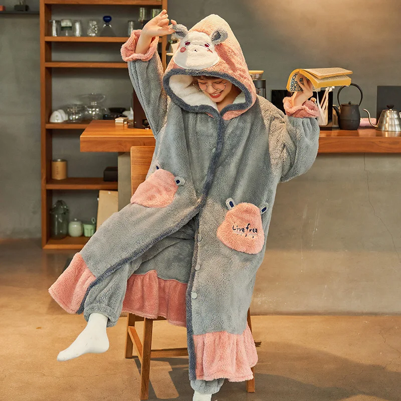 

Женский новый осенне-зимний плотный теплый фланелевый Халат, пижамные комплекты, коралловый бархат, Свободный Повседневный банный халат, мультяшный Халат с капюшоном, домашняя одежда