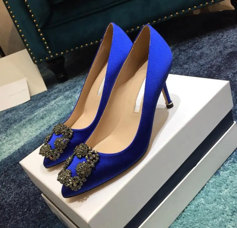 

2021 Fashion Women Luxery Shoes 10cm High Heels Sexy Wedding Shoes Silk Square Button Drill Genuine Leather Pointed Toe Shoes