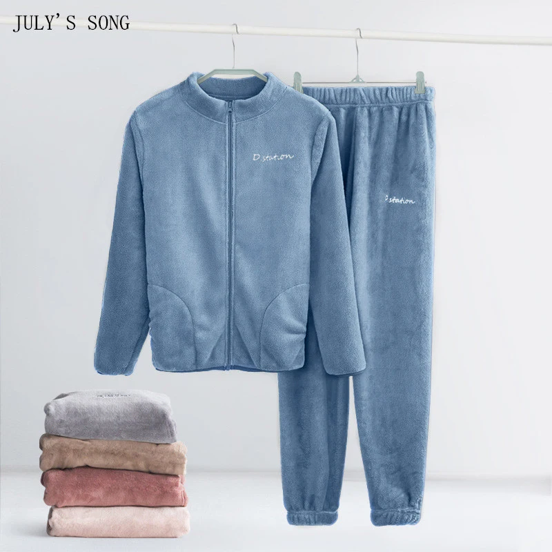 

JULY'S SONG Thicking Flannel Women Pajamas Set Long Sleeve Autumn Winter Sleepwear Zipper Pyjama Female Solid Color Nightwear