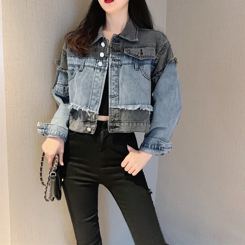 

Personality gray blue stitching denim jacket female loose long sleeve jacket