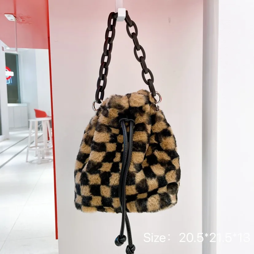 

Retro Style Small Grid Printing Short Plush Cotton Bag Fashion Portable Shoulder Bag Women's Chain Shopping Cross-body Bag