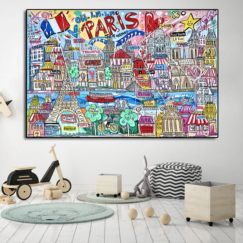 

French Cartoon City Street Scene Canvas Painting Inkjet Posters and Prints Graffiti Wall Art Modern Living Room Home Decoration